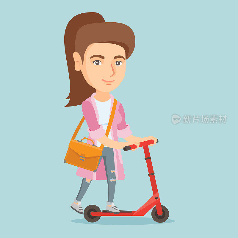Young caucasian business woman riding kick scooter